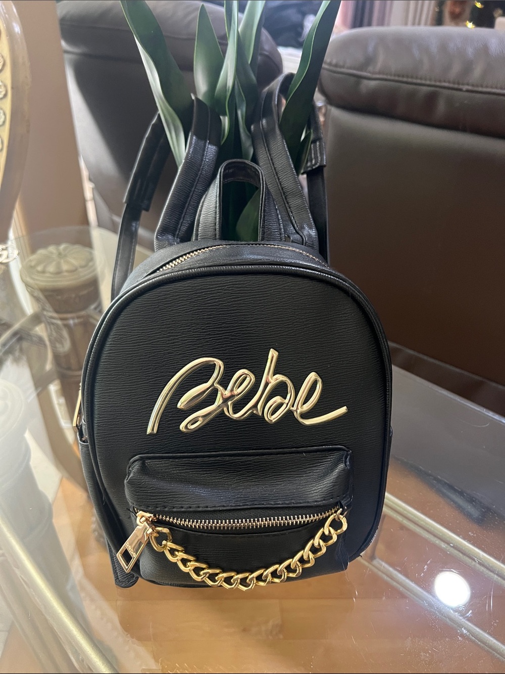 bebe Black Mini Backpack with Gold Script Logo & Chain